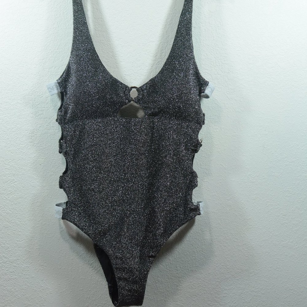 Bebe Womens Silver Swimsuit Size Small Metallic Shimmer Bikini Glam Resort Sexy